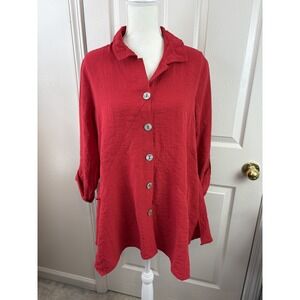 John Mark Tunic Top Women Small Red Asymmetric Button Up Roll Tab Boho